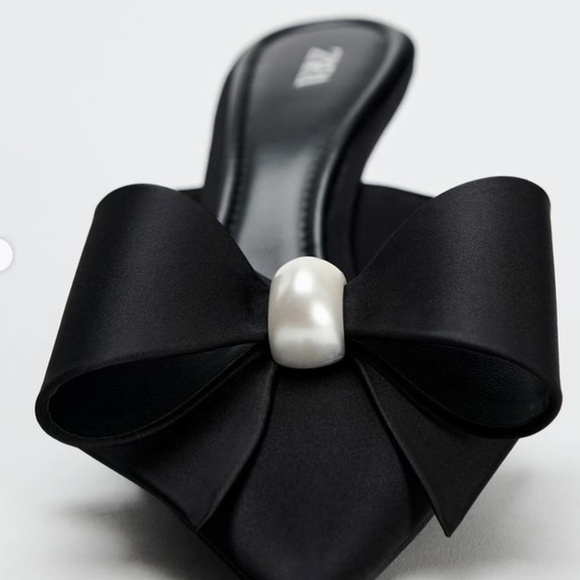 ZARA FAUX PEARL BOW HEELED MULES, size 40, BLACK - Picture 3 of 9